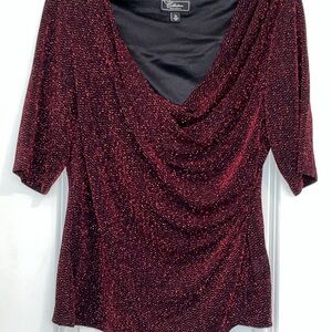 Collections Dressbarn XL Red Black Shimmer Blouse Elegant Draped Neck Party Top